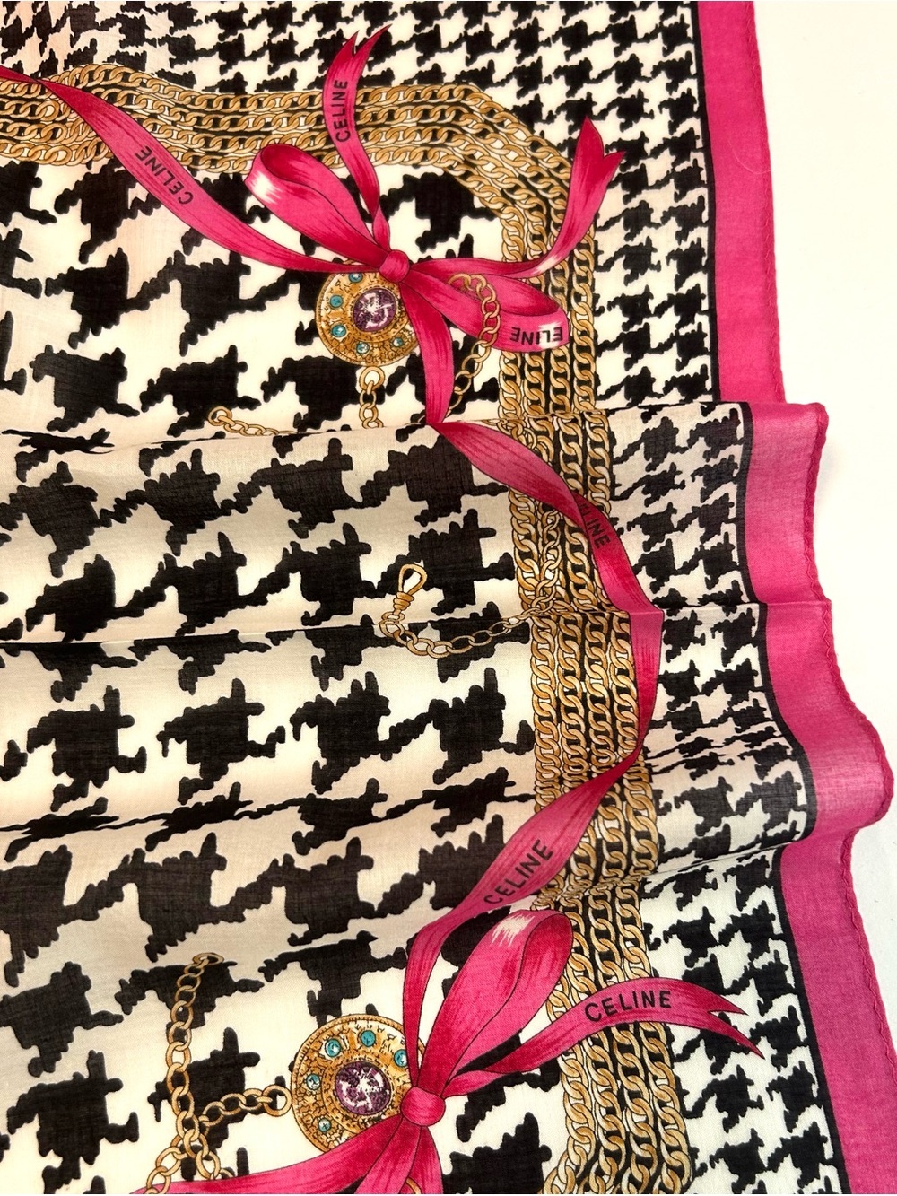 WOMEN HANDKERCHIEF CELINE Houndstooth Black Pink Bow COTTON POCKET SQUARE 18” - Picture 5 of 6